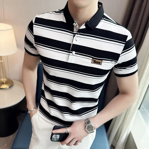 Camisa De Manga Corta A Rayas De Algodón Para Hombre, Polo C