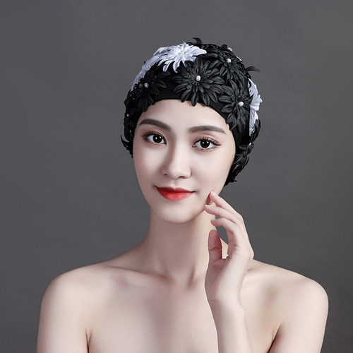 Gorro De Baño De Tela De Doble Capa Con Flores De Perlas