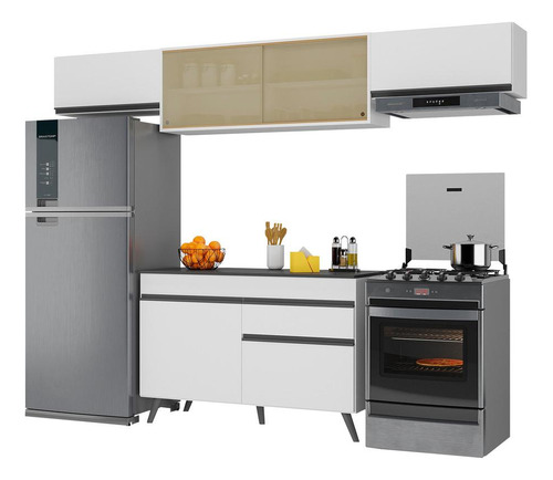 Armário De Cozinha Compacta 260cm Veneza Multimóveis V3698 Cor Branco/Preto