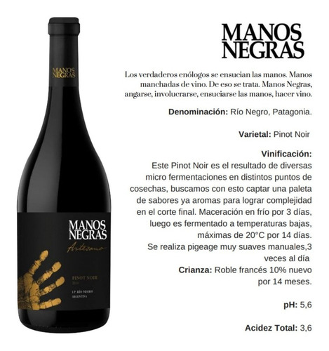 Imagen 2 de 10 de Vino Manos Negras Artesano Pinot Noir Caja X 6. --
