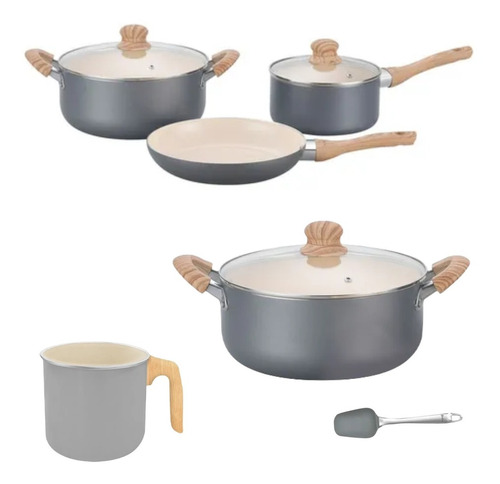 Set Hudson Gris Gray 8pz Cerámica Antidhe Jarro Olla 26