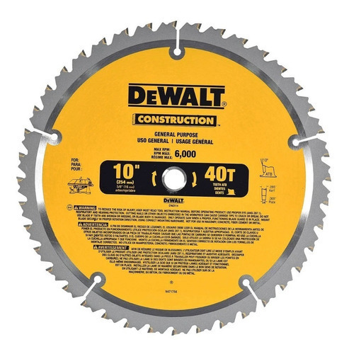 Disco De Sierra 10'' 40t Para Madera Dw3114 Dewalt