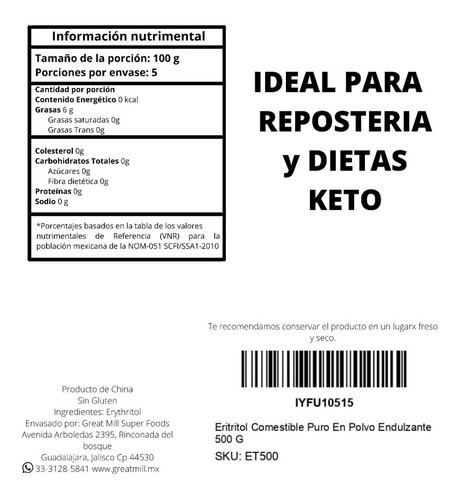 Imagen 4 de 4 de Eritritol + Goma Xantana + Psyllium Husk Keto 500 Gramos C/u