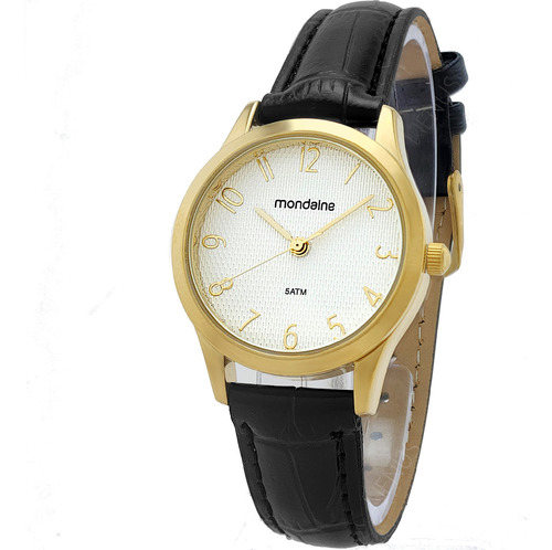 Relógio De Pulso Mondaine Com Corria De Couro Sintético Cor Preto - Fondo Branco - Bisel Dourado