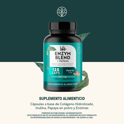 Suplemento Con Enzimas Digestivas Life360+ 120 Cápsulas Bromelina Papaína