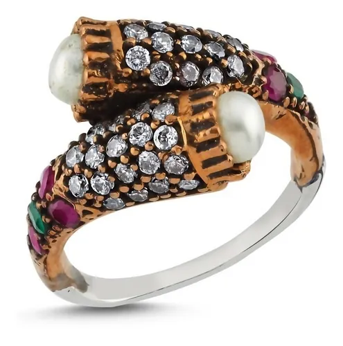 Anillo Otomano De Plata .925 Con Bronce Doble Perla