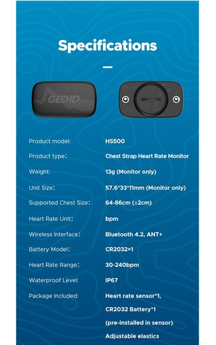 Banda Cardíaca Geoid Hs500 Negra, Bluetooth, Ant+ Awesome Black