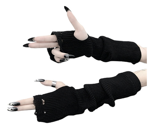 Guantes Negros De Punto Estilo Punk Gótico Sin Dedos, Con Ag