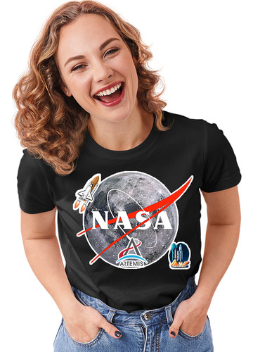 Camiseta Negra Mujer Manga Corta Nasa Luna Adn Camisetas