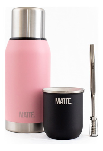 Set Termo Matte Pink 750cc + Mate Steel + Bombilla 