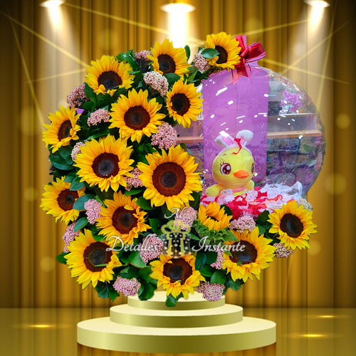 Novedoso Arreglo Floral Girasoles Globo Y Peluche Enamorado