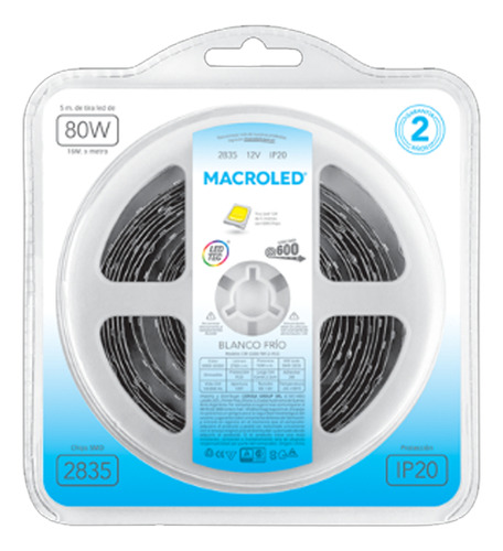 Macroled C600FW12 Tira Led 2835 Rollo 5 Metros 120 Led Calidas Frias Ip20 Color de la luz Blanco frío 12V