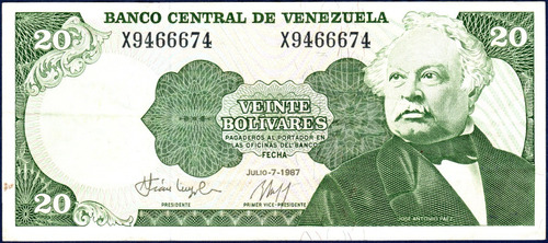 Billete De 20 Bolívares X7 Julio 7 1987 José Antonio Páez