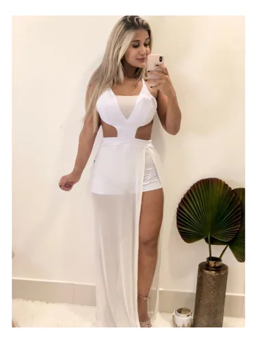 Macac o Longo Branco Vestido Saia Longa Bojo E Laicra Ohana