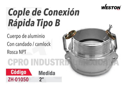Cople De Conexión Rápida Tipo B Cuerpo Aluminio Camlock 2