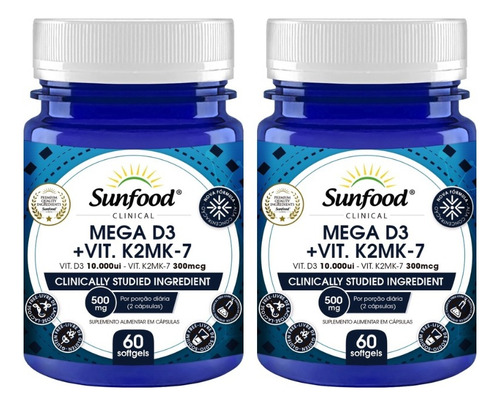 Kit 2 Un - Mega D3 Vitamina D3 + Vitamina K2 Sunfood