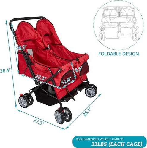 Carriola Doble Para Perros Y Gatos Rueda Giratoria 360°
