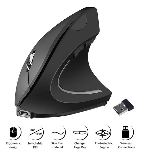 Luckilym Ratón Vertical Inalámbrico Ergonómico Recargable 2,4 G Negro Ratón USB recargable