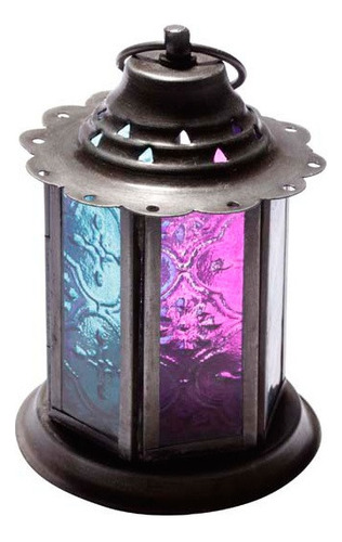 Lanterna Metal Vidro Suporte Velas Decorativo Porta Led Luxo Cor Rosa E Azul