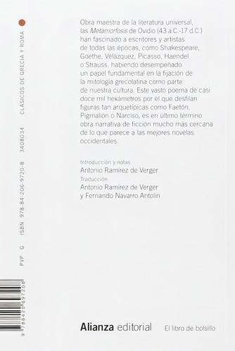 Metamorfosis Ovidio en Español Editorial Alianza Tapa Blanda