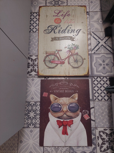 2 Cuadros  Vintage Bicicleta Y Gato
