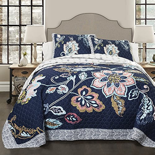 Lush Decor Aster Quilt Flower Pattern Reversible Navy Juego 