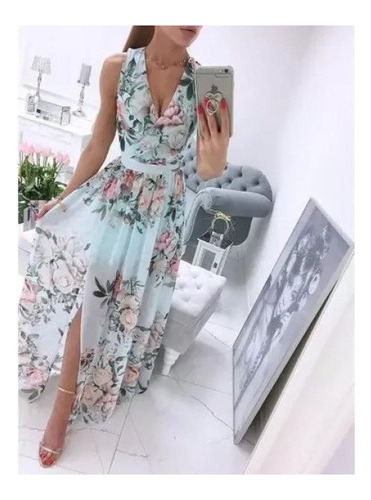 Maxivestido Con Estampado Floral Y Cuello En V Con Cinturón