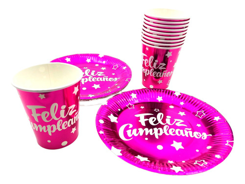 Kit Fucsia Feliz Cumpleaños Metalizado X10 Personas