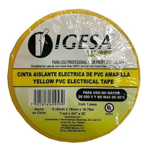 10 Cinta Eléctrica Aislante De Pvc 19mm 16.7mts Igesa Grande Amarillo