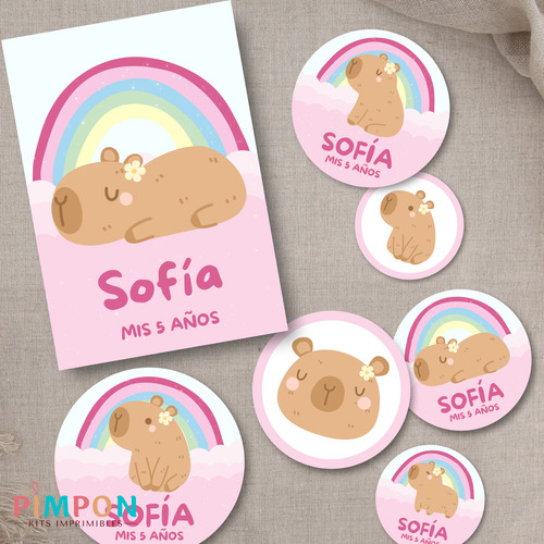 Kit Imprimible Capibara Arcoiris Rosa - Textos Editables