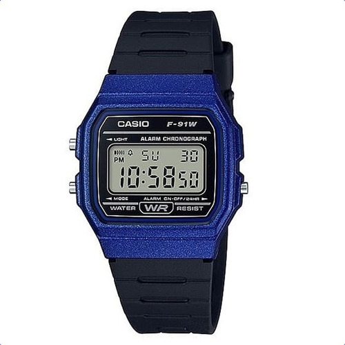 Reloj pulsera Casio Collection F-91 de cuerpo color azul, digital, fondo gris, con correa de resina color negro, dial negro, minutero/segundero negro, bisel color negro y hebilla simple