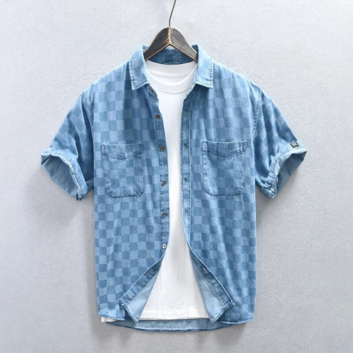 Camisa Vaquera A Cuadros Para Hombre, Manga Corta, Algodón,