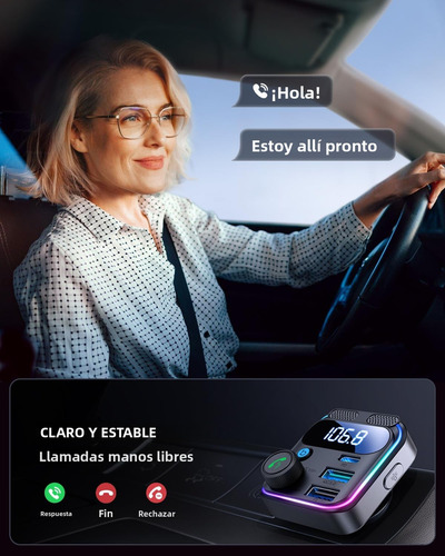 Transmisor FM Bluetooth 5.3 para Auto con Adaptador Bluetooth PD 48W - Carga Ultra Rápida QC3.0, Micrófonos Dobles con Reducción de Ruido, Salida AUX HiFi Estéreo