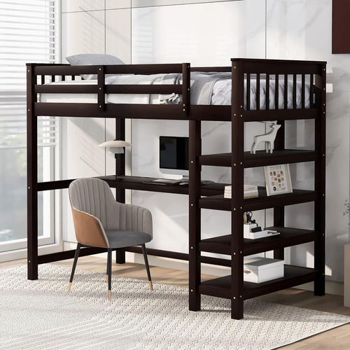 Miahome Twin Size Loft Bed With Desk And Shelves, Wood Loftb