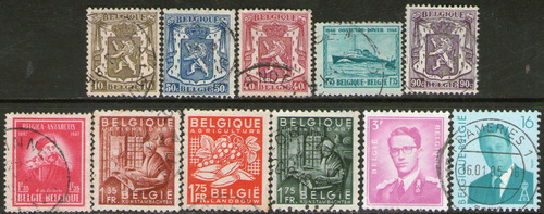 Bélgica 11 Sellos Usados Barco = Escudo = Rey Años 1936-94 