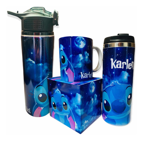 Termo+taza+cilindro Para Agua Stitch Azul Personalizado