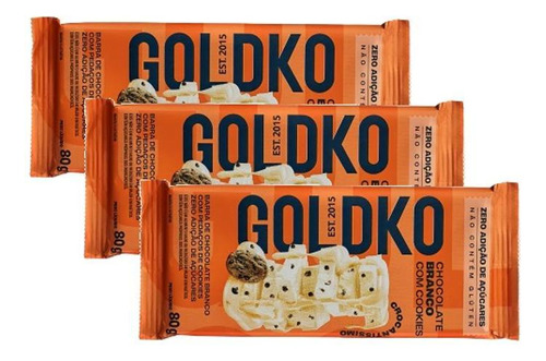 Kit 3 Barra De Chocolate Branco Com Cookies - Goldko 80g