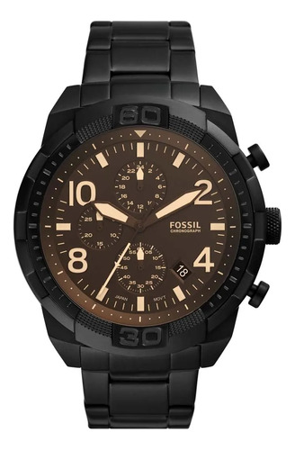 Reloj pulsera Fossil FS5876, analógico, para hombre, fondo café, con correa de negro color negro, agujas color dorado, minutero/segundero dorado, bisel color negro y mariposa