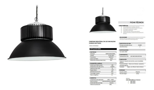 Campana Colgante Industrial Negra Led Smd 150w Blanco Frio