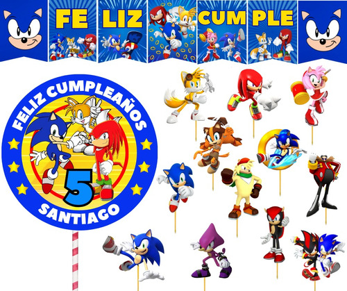 Pack Banderin Topper  Y Pinchos Personalizado Sonic