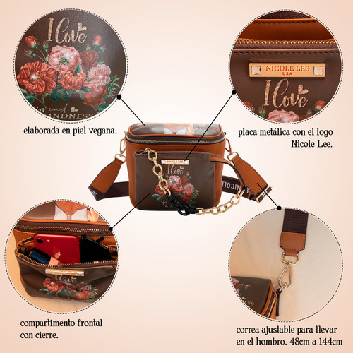 Bolsa Multifuncional Nicole Lee Estampada Blind Date Fw24 Acabado de los herrajes Níquel Color Café Correa de hombro Café Diseño de la tela Piel Vegana