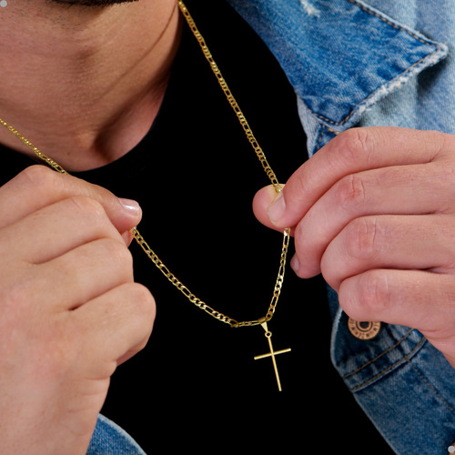 Kit Corrente Colar Masculino Com 70 Cm + Pulseira Modelo 3x1 E Pingente De Crucifixo Liso Cor Dourado Banhando A Ouro 18k E Antialérgico Semi Joia Andreia Branco Acessórios