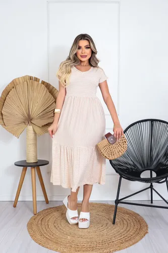 Vestido listrado com store babado na barra