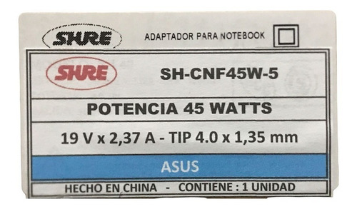 Imagen 2 de 2 de Cargador Alternativo Para Asus 45w-5 19v 2.37a Pin:4x1,35