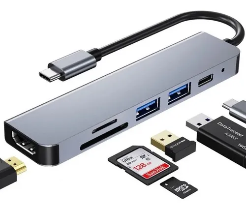 Hub Adaptador Usb-c 6 En 1 (hdmi,2x Usb 3.0, Tf, Sd, Usb-c)