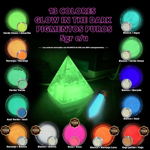 13 Colores 65gr - Pigmento Polvo Glow In The Dark - Fuba -