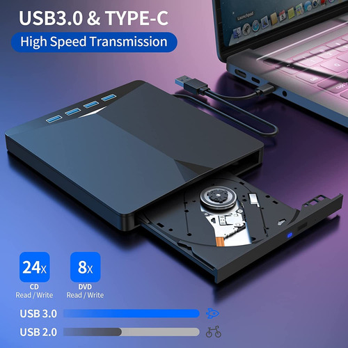 Lectora Externa Grabadora De Dvd/cd Quemador Usb3.0 Y Tipo C Negro Type C / Usb 3.0