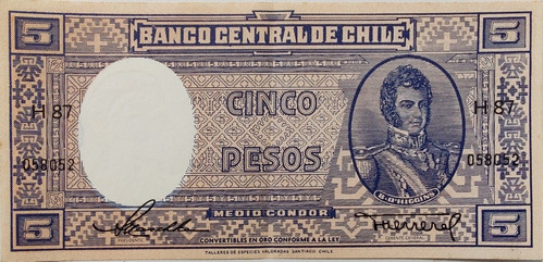 Billete Chile Cinco Pesos Maschke Herrera (bb1