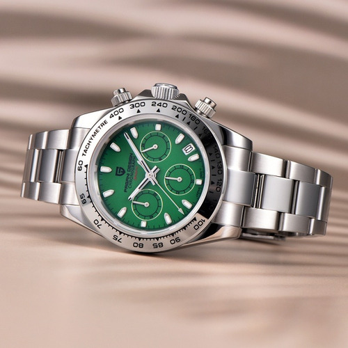 Pagani Design Reloj Hombres Cuarzo Luminoso Impermeable Correa Plateado Bisel Plateado Fondo Verde