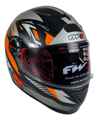 Capacete Fw3 Gtx Rapid Preto Laranja Com Oculos Interno Fume